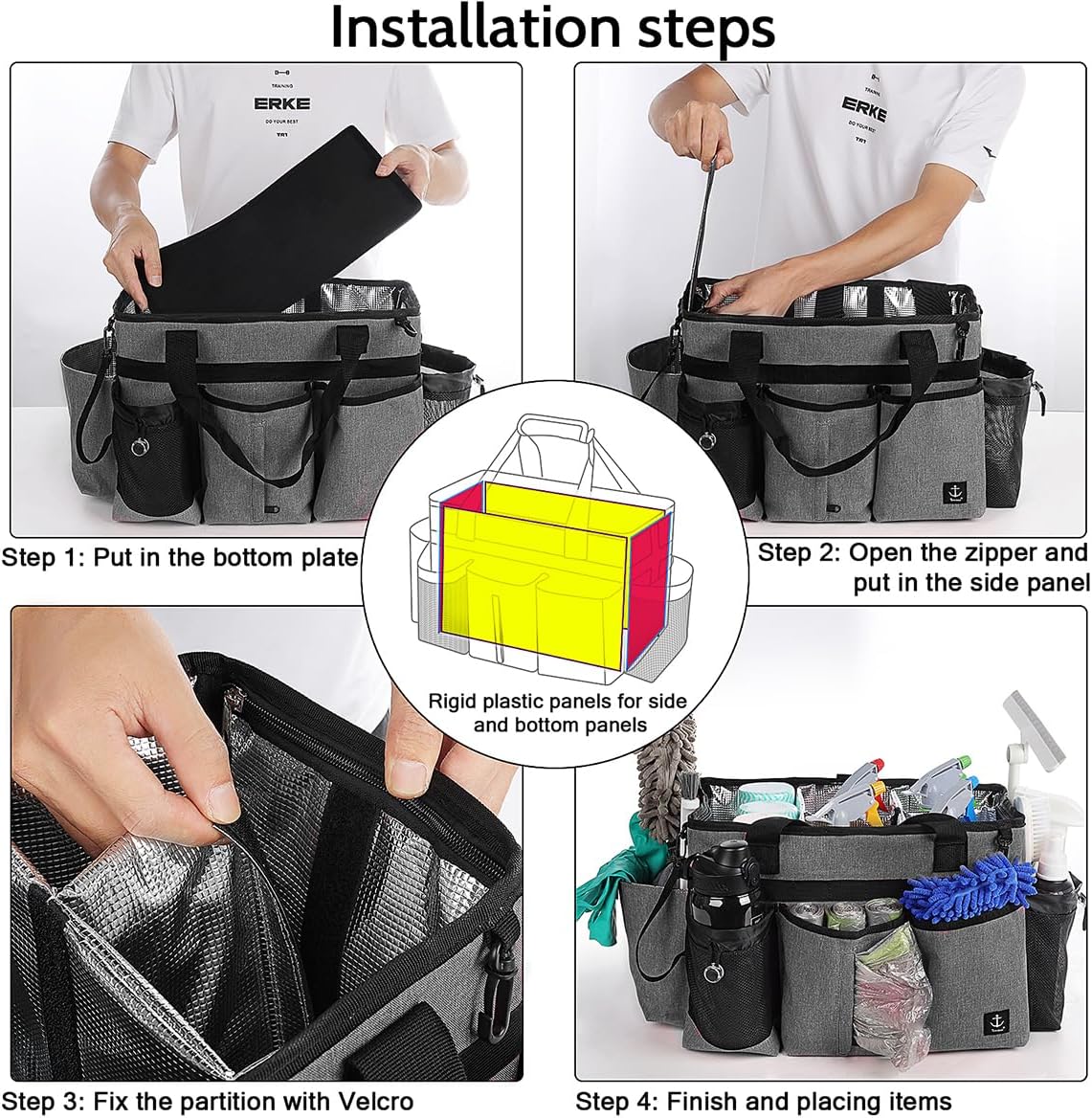 Large Cleaning Caddy Bag Built-in Sturdy Support Board, Cleaning Organizer with Detachable Divider, Cleaning Supply Tote with Adjustable Shoulder Strap&Waist Belt for Cleaners & Housekeeper