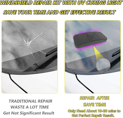 CLAMPER Windshield Repair Kit, Windshield Crack Repair Kit 4 Pcs, Windscreen Repair Kit with Enhanced Injection Head Suction Cup UV Curing Light, Windshield Chip Repair Kit for Bulls-Eye (Yellow)