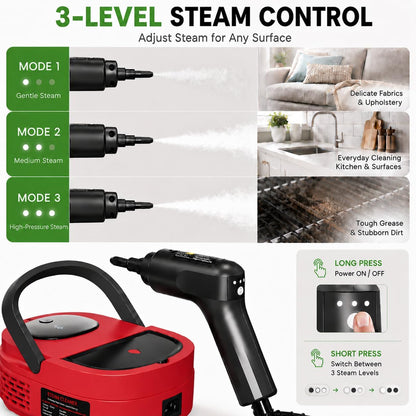 Handheld Steam Cleaner for Home, 2500W High Pressure Steam Cleaner for Car Detailing, 3 Steam Levels, 1600Ml Tank, High Heat Steamer for Bed Bugs, Couch, Furniture, Kitchen, Bathroom, Floors