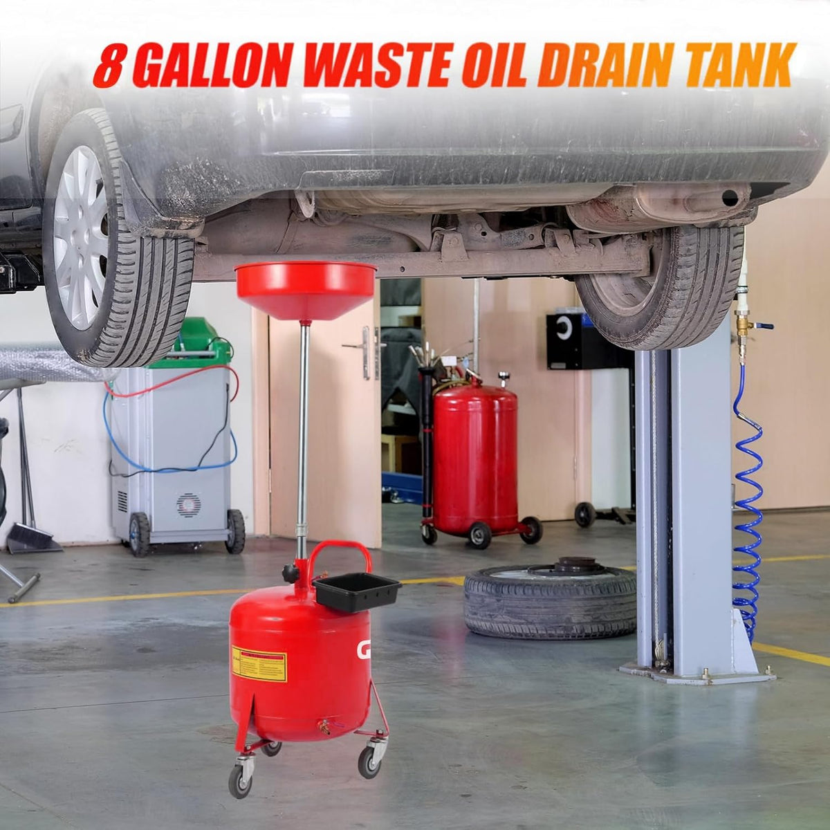 Garvee 8 Gallon Portable Waste Oil Drain Tank, Oil Lift Drain Pan Air Operated Drainer, Fluid Fuel Drainage Adjustable Funnel Height with Wheels