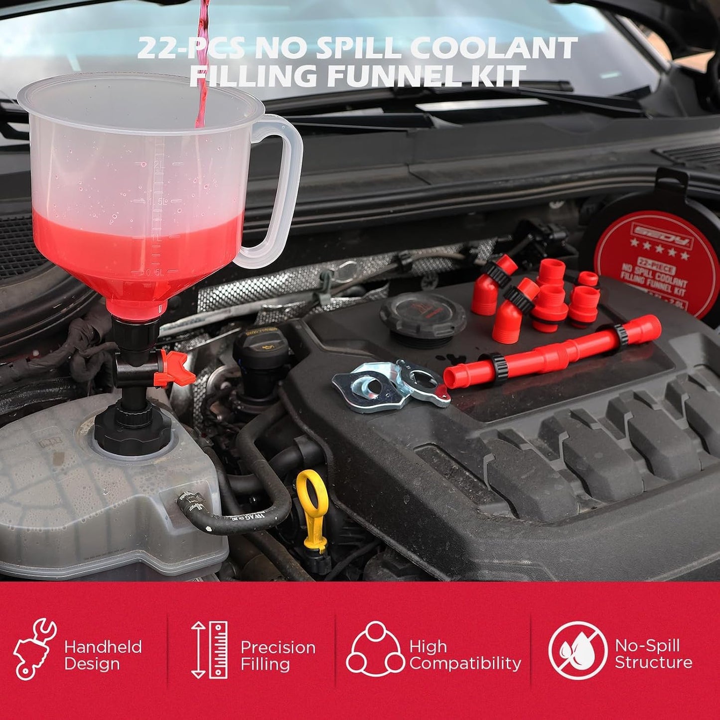 18-Piece Engine Oil Funnel Kit, 1.59QT/1.5L Automotive Oil Funnel Set with 12 Adapters, Elbow Fitting, Arrow Screen and Magnetic Storage Hooks Tray, Compatible with GM, Ford, BMW, Audi, Land Rover Etc