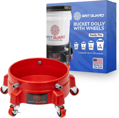 GRIT GUARD Bucket Dolly with Wheels - Rolling Detailing Wash Bucket with 5 Wheels and 2 Locking Casters Compatible with 2.5, 4, 5 and 6 Gallon Buckets (Black, 2" Red Casters) - Made in the USA