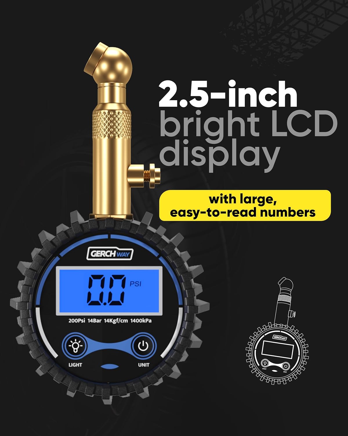 GERCHWAY Digital Tire Pressure Gauge for Cars - Accurate Air Pressure Gauge for Tires with 360° Swivel Chuck - 200 PSI