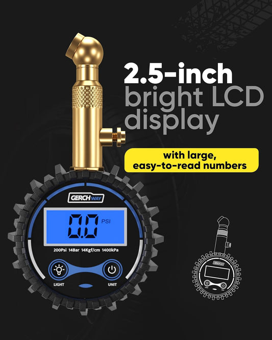 GERCHWAY Digital Tire Pressure Gauge for Cars - Accurate Air Pressure Gauge for Tires with 360° Swivel Chuck - 200 PSI