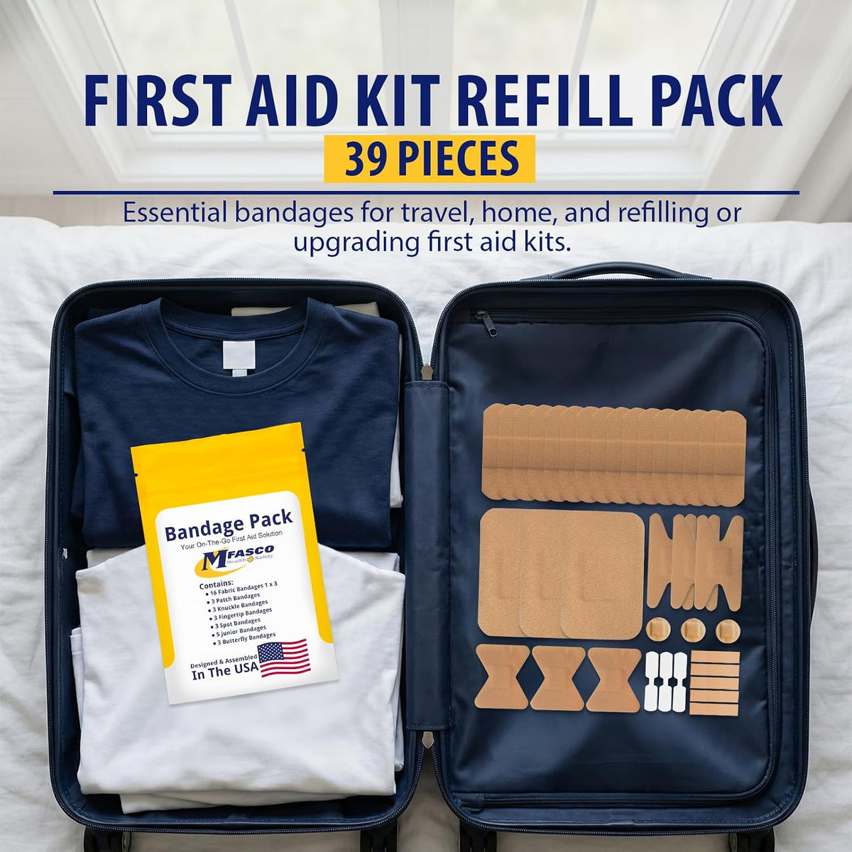 MFASCO - 7 in 1 - Travel Size Medicine Kit - TSA Approved | 28 First Aid Emergency OTC Medicine Packets for Cruise & International Travel | Compact Med Refill for Traveling & Office Assembled in USA