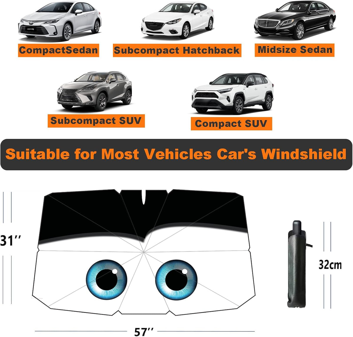 Windshield Sun Shade 2025 Car Accessories 100% Blackout Car Front Windsow Shades Umbrella Automotive Sun Visor Block Heat Insulation Protection (Black Eyes)