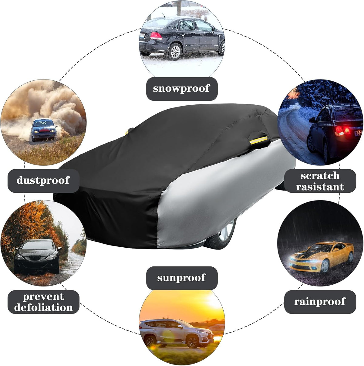 Riakrum Full Car Cover Waterproof All Weather for Automobiles Windproof Cover Rain UV Protection Sun Scratch Resistant Outdoor Universal(Fit Sedan Length (185-193'') 70'' H,Black, Orange)