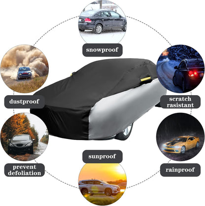 Riakrum Full Car Cover Waterproof All Weather for Automobiles Windproof Cover Rain UV Protection Sun Scratch Resistant Outdoor Universal(Fit Sedan Length (185-193'') 70'' H,Black, Orange)