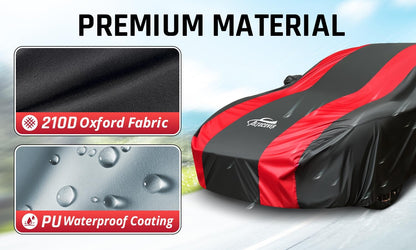 Car Cover Waterproof All Weather Protection with Red Stripe Design, Universal Fit Toyota Camry Solara, Ford Fusion, Kia Stinger Optima, Nissan Maxima, VW Passat, Subaru Legcy