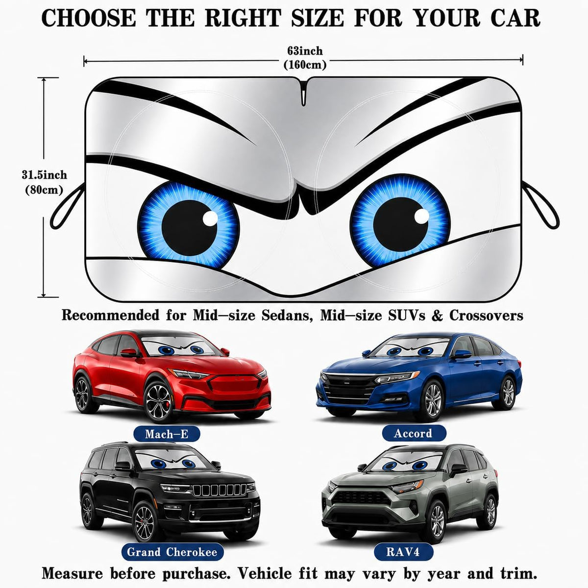 Car Windshield Sun Shade, Funny Cartoon Eyes Sun Visor for Car Windshield Universal Fits Sedan Compact Car Hatchback SUV, UV Heat Protection - 59 x 27.5