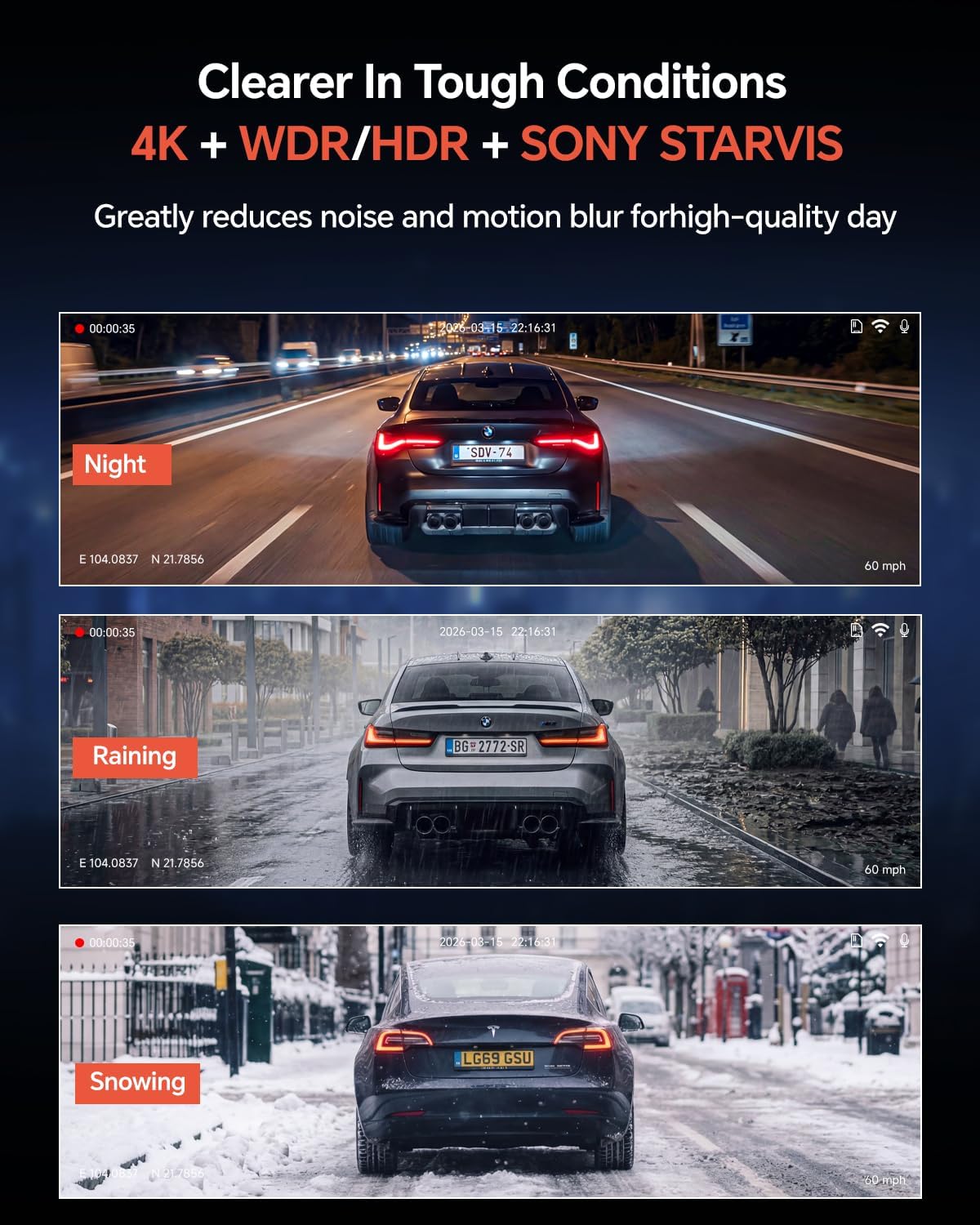 Coolcrazy 4K Dash Cam Front and Rear, STARVIS Sensor, Free 128GB Card Included, 5GHz WiFi-up to 20MB/s, Dual Dash Camera for Cars, Built-in GPS, G-Sensor, WDR/HDR Super Night Vision, 24H Parking Mode
