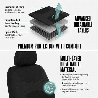 FH Group Full Set Cloth Car Seat Covers, Universal Fit Front and Split Bench Rear, Airbag Compatible, Washable for SUV, Sedan, Van - Black