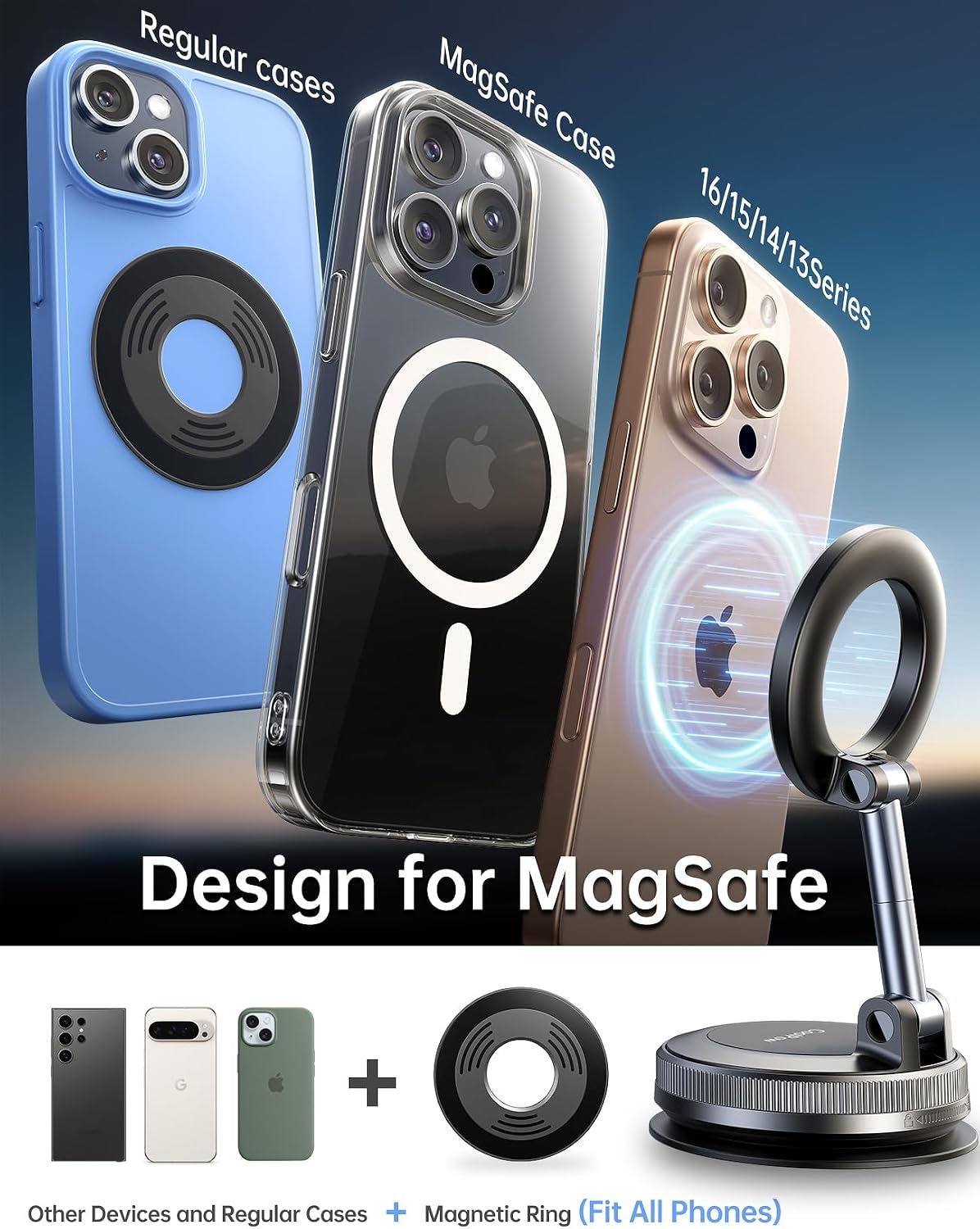 Coolpow【Newest Vacuum Magnetic Phone Holder for Car Phone Holder Mount【Movable Vacuum Suction】Magsafe Car Mount Cell Phone Holders for Your Car Accessories for Women Men for iPhone 17 16-Carbon Fiber
