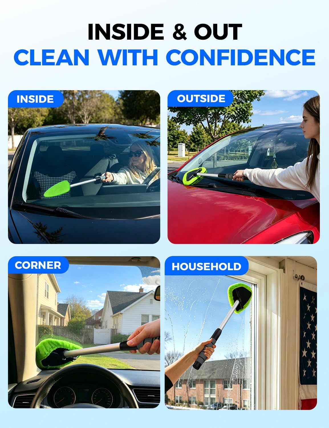 XINDELL 24-inch Windshield Cleaner Tool – Upgrade Large Head Car Interior&Exterior Window Cleaning Kit with Extendable Handle & 4 Microfiber Pads, Auto Wiper Brush for Car, Trucks, SUVs, RVs & Home
