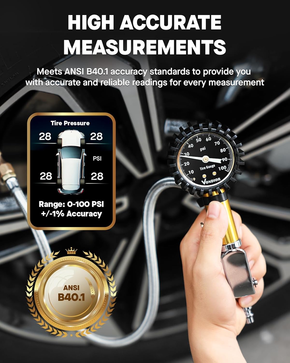 Tire Pressure Gauge - (0-60 PSI) Heavy Duty, Certified ANSI Accurate with Large 2 Inch Easy to Read Glow Dial, Low - High Air Pressure Gauge. Tire Gauge for Car and Trucks Tires by Vondior