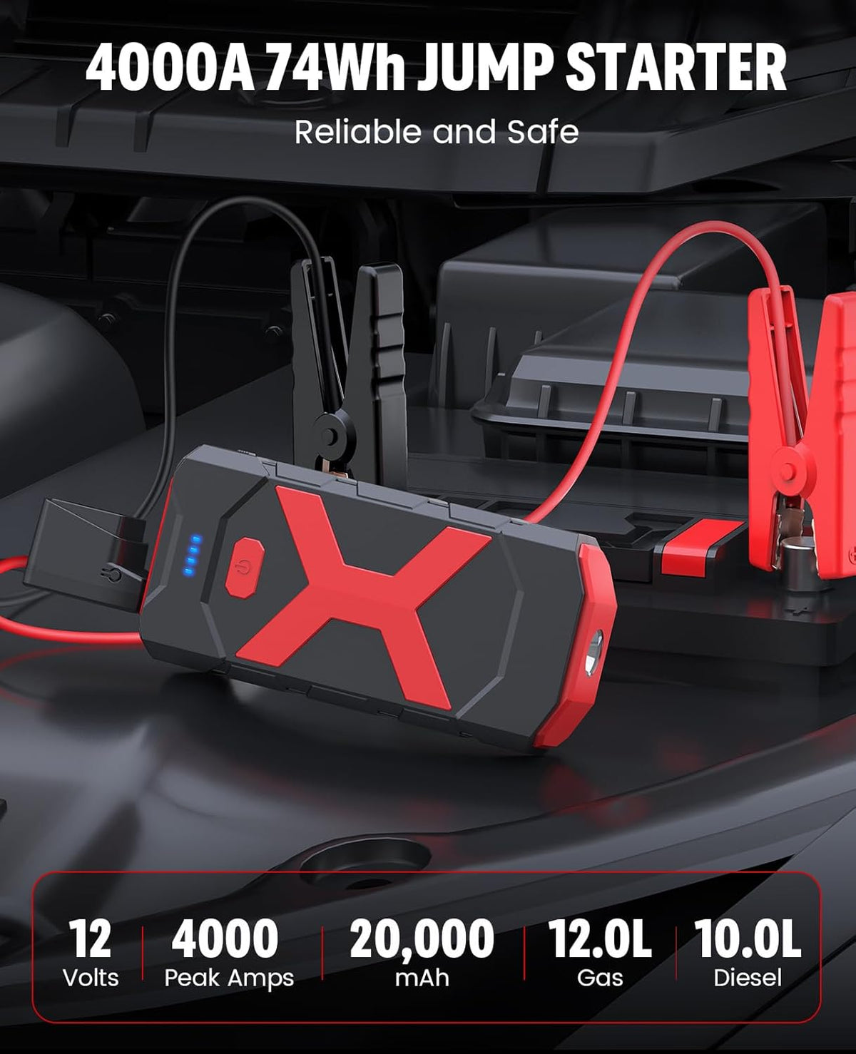 BOOKOO Car Battery Jump Starter 4000A,16000mAh Portable Battery Jumper Cables for Car 8L Gas 7L Diesel Engines,Jump Box with USB QC 3.0 PD 18W Fast Charging,3 LED Modes with SOS for Emergency Use