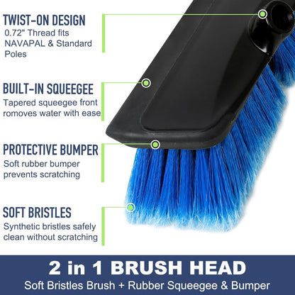 52" Car Wash Brush with Long Handle | Built-in Rubber Squeegee & Rubber Bumper | Lightweight extendable Handle | Soft Bristle Brush for Car, RV, Boat, Solar Panel, Deck Washing