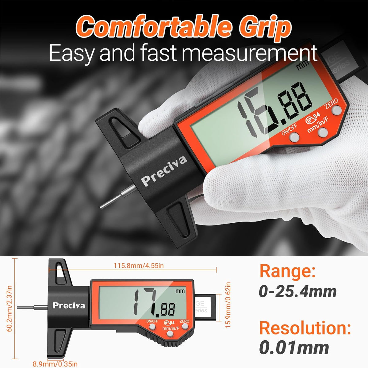 Preciva Tire Tread Depth Gauge, Digital Tire Depth Gauge with Large LCD Display and Inches, Millimeters, Fraction Conversion, Tread Depth Gauge Suitable for Thread Depth, Brake Shoe and Pad Wear