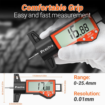Preciva Tire Tread Depth Gauge, Digital Tire Depth Gauge with Large LCD Display and Inches, Millimeters, Fraction Conversion, Tread Depth Gauge Suitable for Thread Depth, Brake Shoe and Pad Wear