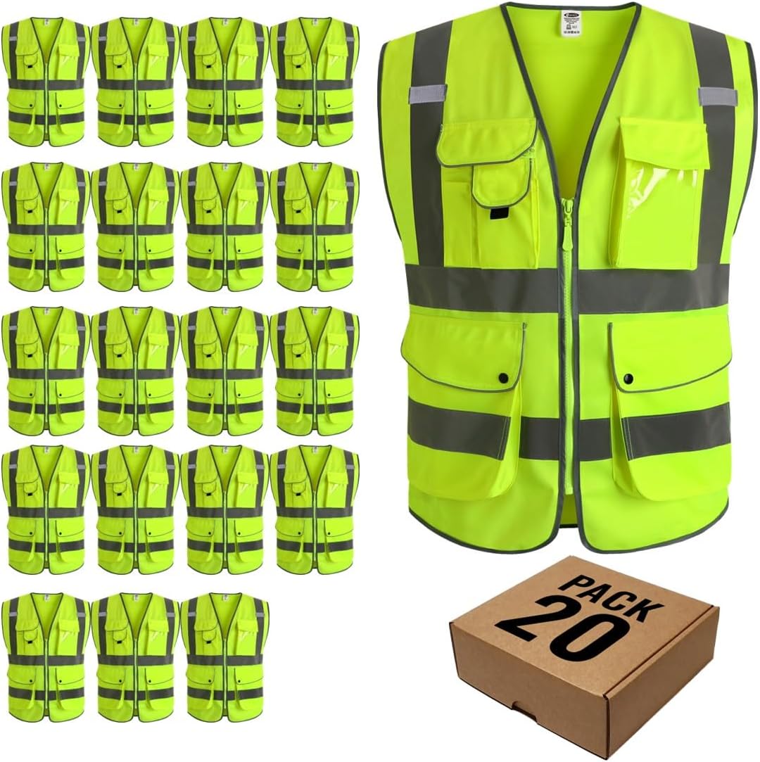 JKSafety 9 Pockets Class 2 High Visibility Zipper Front Safety Vest With Reflective Strips,Meets ANSI/ISEA Standard (Large, 150-Yellow) - Colors A