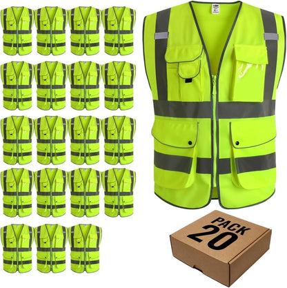 JKSafety 9 Pockets Class 2 High Visibility Zipper Front Safety Vest With Reflective Strips,Meets ANSI/ISEA Standard (Large, 150-Yellow) - Colors A