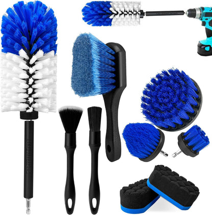 Car Wheel Brush Kit, Soft Drill Wheel Cleaner Brush, Tire Brush, Detailing Brush, and Detailing Pads, No Scratches Car Wheel Cleaning Kit for Wheels, Tires, Rims, Engines, Exhaust(Blue+White, 6 Pack)