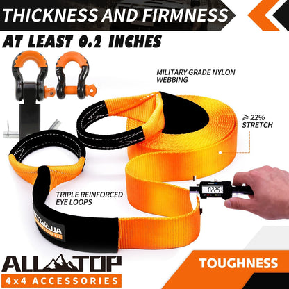 ALL-TOP Heavy Duty Tow Strap Recovery Kit: 3 inch x 20ft (35,000lbs) 100% Nylon and 22% Elongation Snatch Strap + 3/4 Heavy Duty D Ring Shackles (2pcs) + Storage Bag