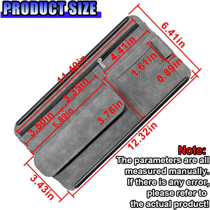 Car Sun Visor Organizer, Leather Multi-Pocket Glasses Card Holder with Zipper, Waterproof Scratch-Resistant Sunshade Storage Bag, Universal Auto Interior Accessory for Car/Truck/SUV (Grey)