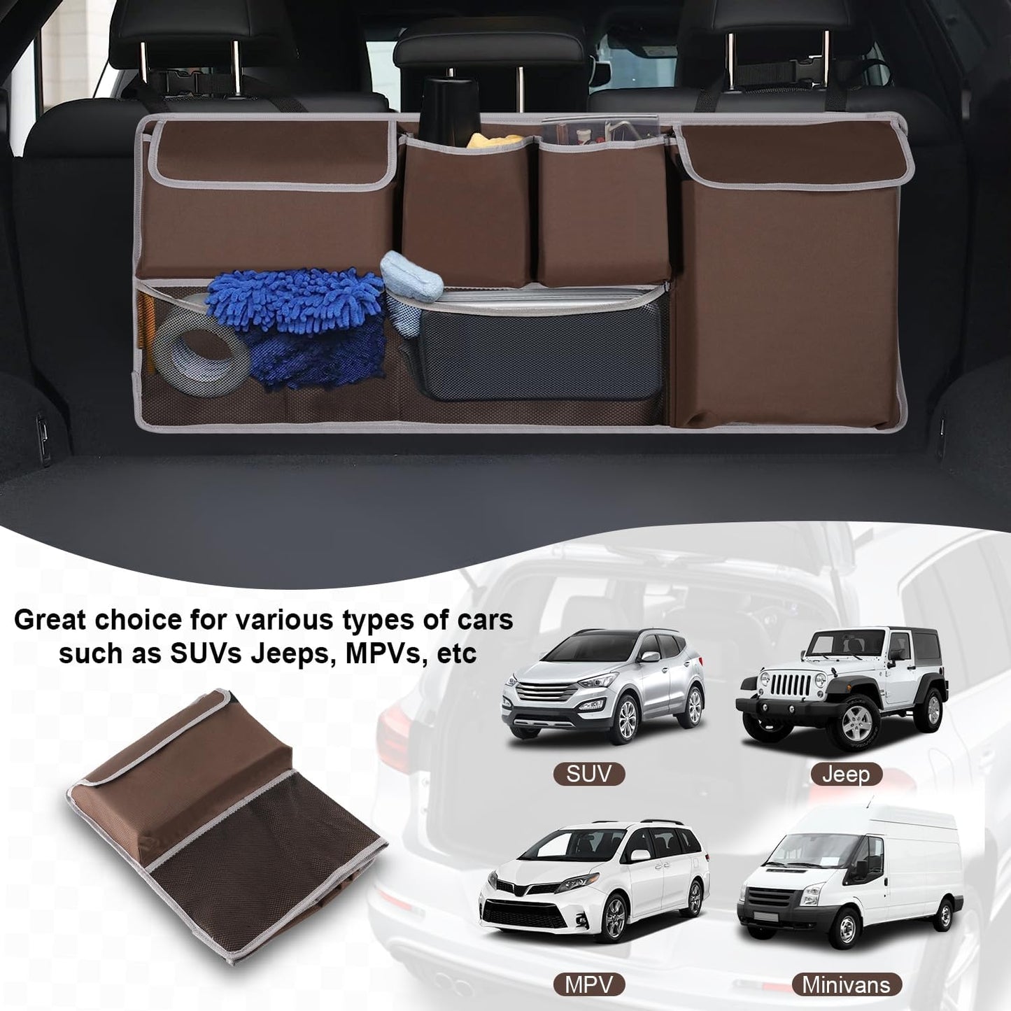 UYYE Trunk Hanging Organizer, Backseat Bag, Car Interior Accessories with 4 Pockets & 2 Mesh Pouches for Groceries, Will Provide More Storage Trunk Space for SUV, Jeep, MPVs