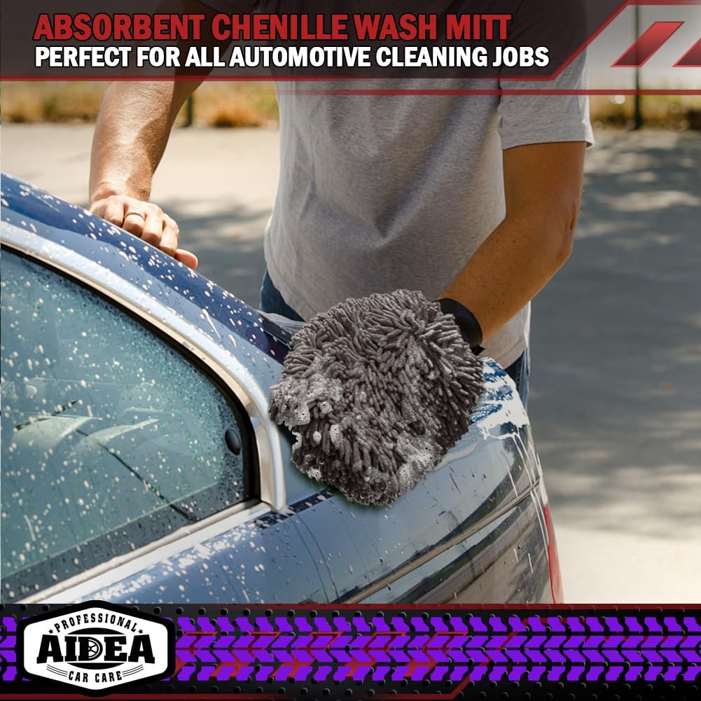 AIDEA Car Wash Mitt Microfiber, 1PK-Scratch-Free& Lint-Free, Premium Chenille Microfiber Mitt Car Wash Brush-Green Regular Size (7.12''X10.14'')