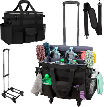 Wearable Large Cleaning Caddy Bag for Housekeeper, Clean Supply Organizer with Adjustable Shoulder, Waist & Handle Straps, Detailing Bag for Kitchen Supplies (Black)