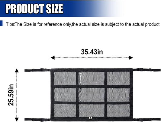 Car Ceiling Cargo Net Pocket, 35.43"×25.59" Double-Layer Roof Storage Net with Adjustable Buckles, Car Camping Essentials Mesh Organizer, Universal Long Road Trip Auto Accessories