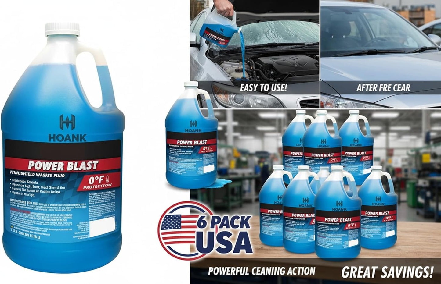 (6 Gallons) - Power Blast Windshield Washer Fluid, -20°F Protection, Blue, 1 Gallon Jug, Ready to Use (6 GALLONS, Blue Power Blast -20°F)