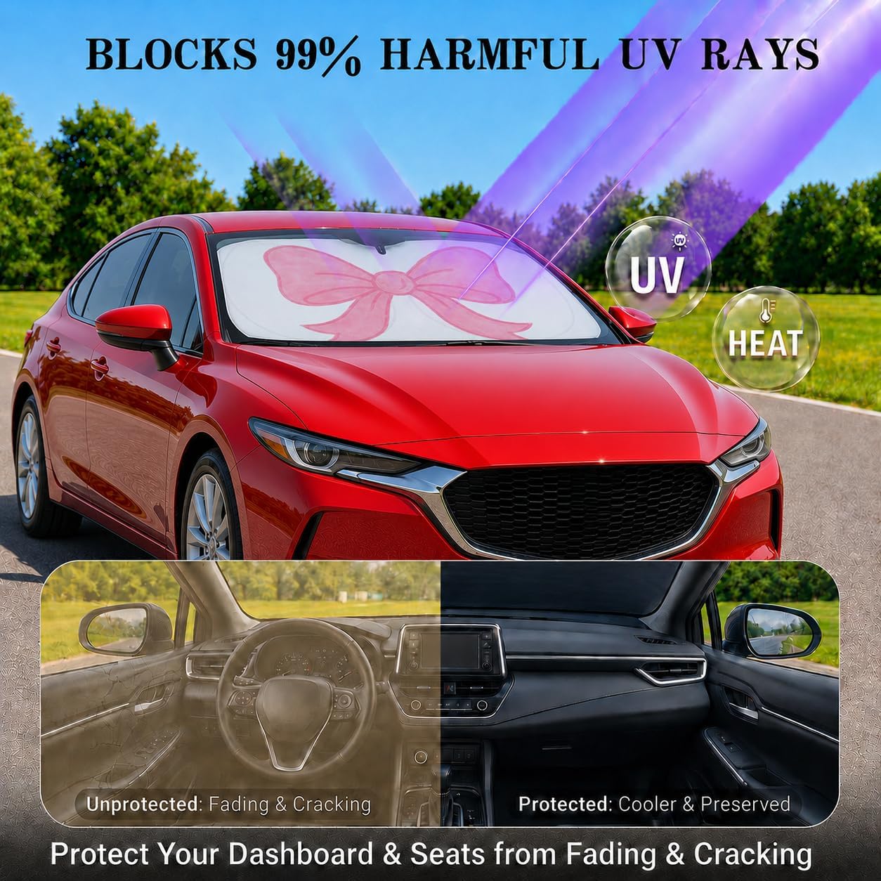 Car Windshield Sun Shade, Funny Cartoon Eyes Sun Visor for Car Windshield Universal Fits Sedan Compact Car Hatchback SUV, UV Heat Protection - 59 x 27.5