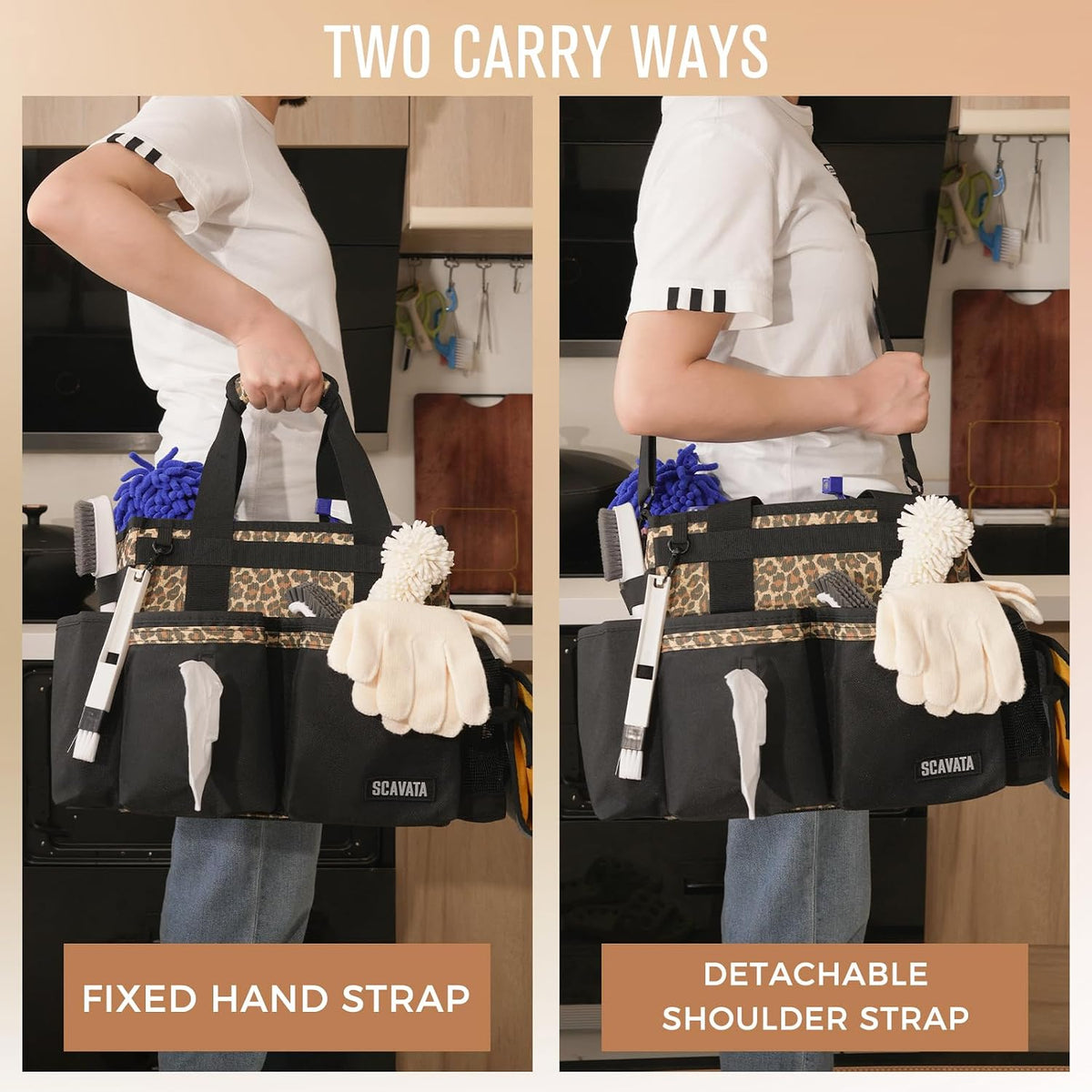SCAVATA Compact Wearable Cleaning Caddy, Small Supplies Organizer with Handle & Shoulder Straps for Housekeepers, Under Sink & Car Cleaning Tool Organizer Bag (Black)