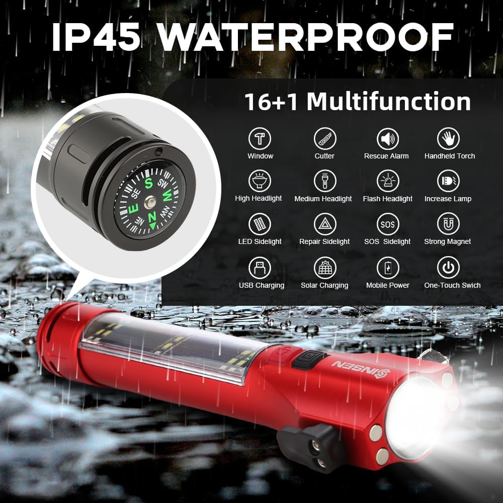 SINSEN Car Safety Hammer Flashlight, Tactical Emergency Rescue Tool, LED High Lumens Rechargeable Solar Powered Escape Kit, Window Glass Breaker and Seatbelt Cutter, Self Defense Multi-Function Torch