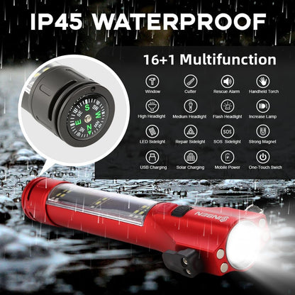 SINSEN Car Safety Hammer Flashlight, Tactical Emergency Rescue Tool, LED High Lumens Rechargeable Solar Powered Escape Kit, Window Glass Breaker and Seatbelt Cutter, Self Defense Multi-Function Torch