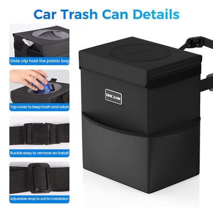 Car Trash Can with Lid - Trash Bag Hanging with Storage Pockets Leak-Proof SUV Organizer Collapsible and Portable Waterproof Truck Garbage Bin, 2.6 Gal Large Capacity Multipurpose Trash Bin for Van