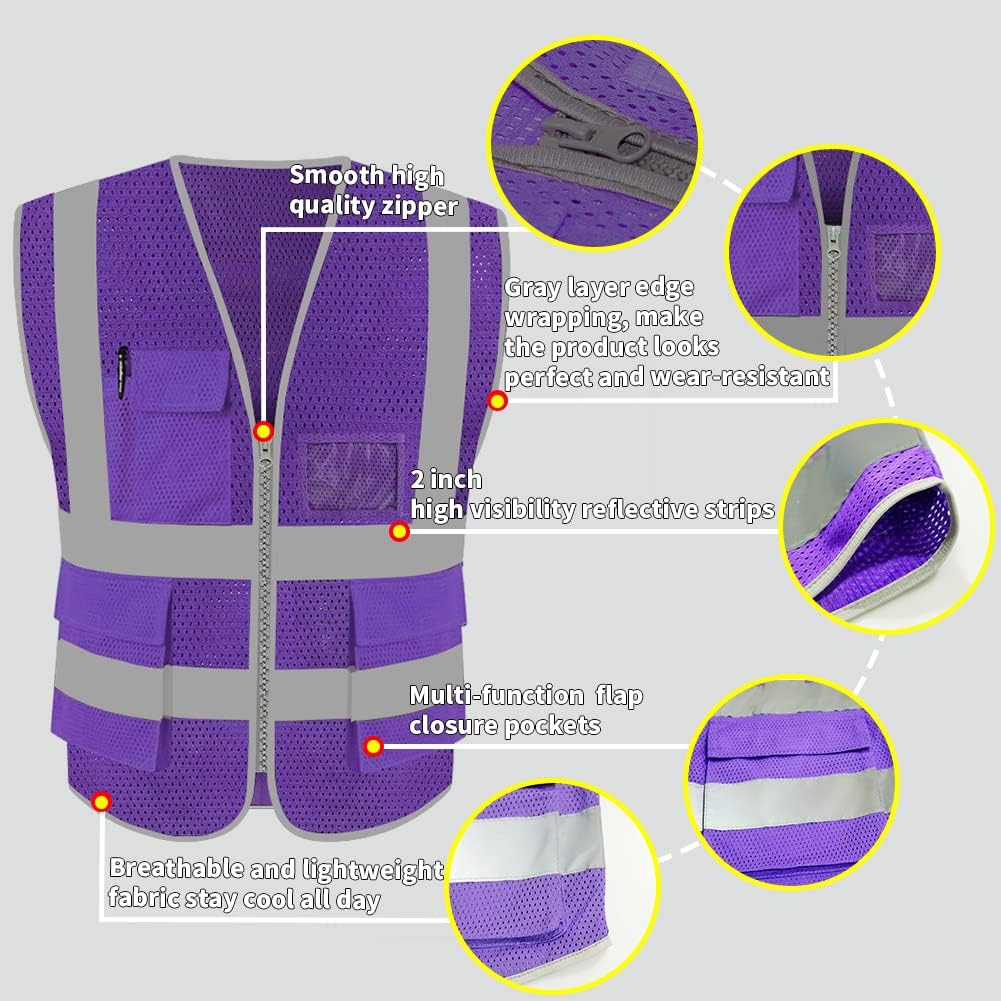 HYCOPROT High Visibility Mesh Safety Reflective Vest with Pockets and Zipper, Meets ANSI/ISEA Standards
