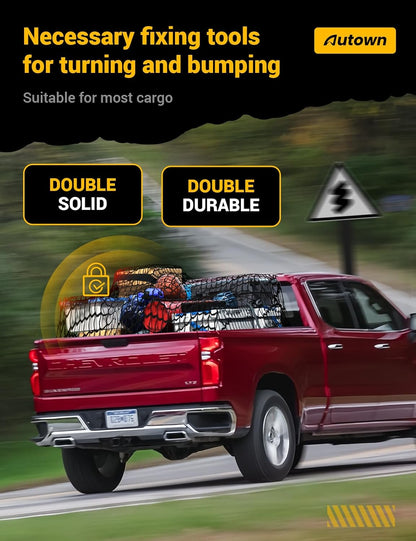 AUTOWN Cargo Net for Pickup Truck Bed - Stretchable 4'x4' to 7'x7', High Elastic Fine Mesh 1''x1'' with 8 Metal Carabiners - Ideal for ATV, SUV, UTV, Truck and Boat Use (Single Layer)