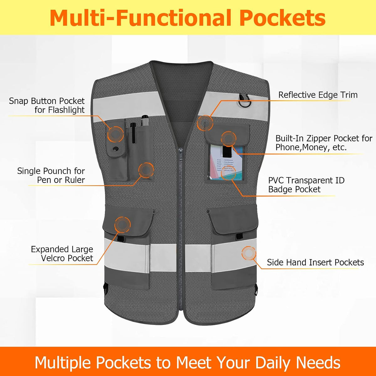 TCCFCCT Safety Vest for Men Women 9 Pockets High Visibility Vest for Safety, Reflective Work Vest with Reflective Strips, Meets ANSI/ISEA Standards, (Yellow, Large)