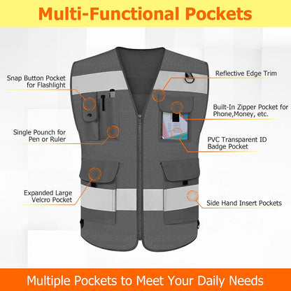 TCCFCCT Safety Vest for Men Women 9 Pockets High Visibility Vest for Safety, Reflective Work Vest with Reflective Strips, Meets ANSI/ISEA Standards, (Yellow, Large)