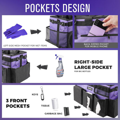 SCAVATA Wearable Cleaning Caddy Bag, Supplies Organizer with Handle & Shoulder Straps for Housekeepers, Under Sink & Car Cleaning Tool Organizer with 4 Foldable Dividers (Black)