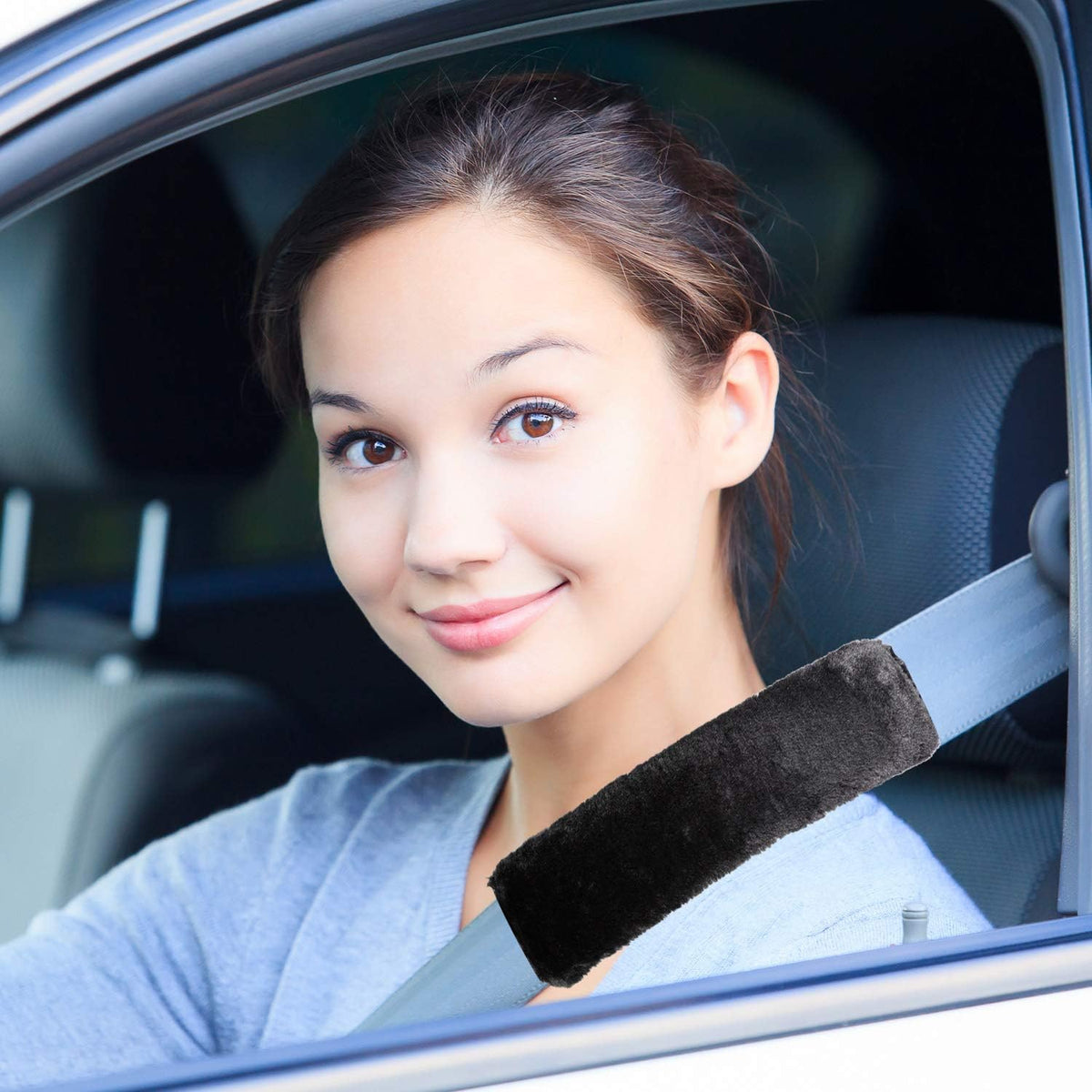 Boao 4 Pack Faux Sheepskin Car Seat Belt Pads Seatbelt Protector Soft Seat Belt Shoulder Strap Cover Comfort Harness Pad(Black, 9.9 Inch)