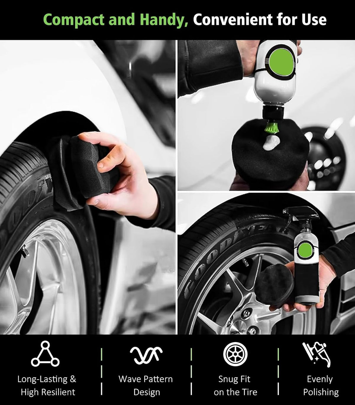 YeewayVeh 3PCS Quick Car Wheel Brush Kit, 2-Size 360° Bendale Rim Cleaner Brushes, Boars Hair Detailing Brush, Fast Scratch-Free Cleaning for Car Wheels, Motorcycle, Green