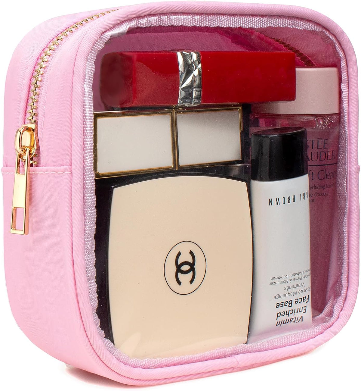 Small Clear Makeup Bag for Purse Small Cosmetic Bag Travel Size Toiletry Bags Cute Travel Makeup Bag,Coin Purse,Car Asscessories Organizer Storage Travel Essentials for Women Girls(Clear-Beige)