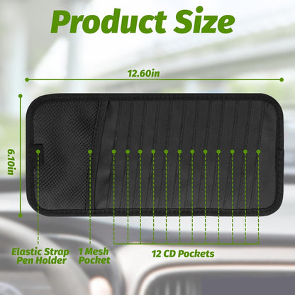 CD Visor Holder for Car, Large Capacity CD & DVD Visor Case, Vehicle Visor Storage Organizer with 12 Disc Sleeves, 1 Mesh Pocket 1 Pen Holder and & Elastic Band (Black)