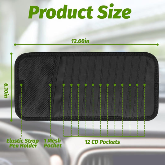 CD Visor Holder for Car, Large Capacity CD & DVD Visor Case, Vehicle Visor Storage Organizer with 12 Disc Sleeves, 1 Mesh Pocket 1 Pen Holder and & Elastic Band (Black)