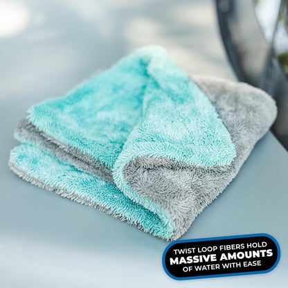 The Rag Company, The Liquid8r, Absorbent 70/30 Blend Microfiber Drying Towel for Cars, Trucks, and SUVs, Safe for Detailing, Scratch-Free, Twist Loop, 1100 GSM, 20x24 Inches, Aqua Blue/Grey