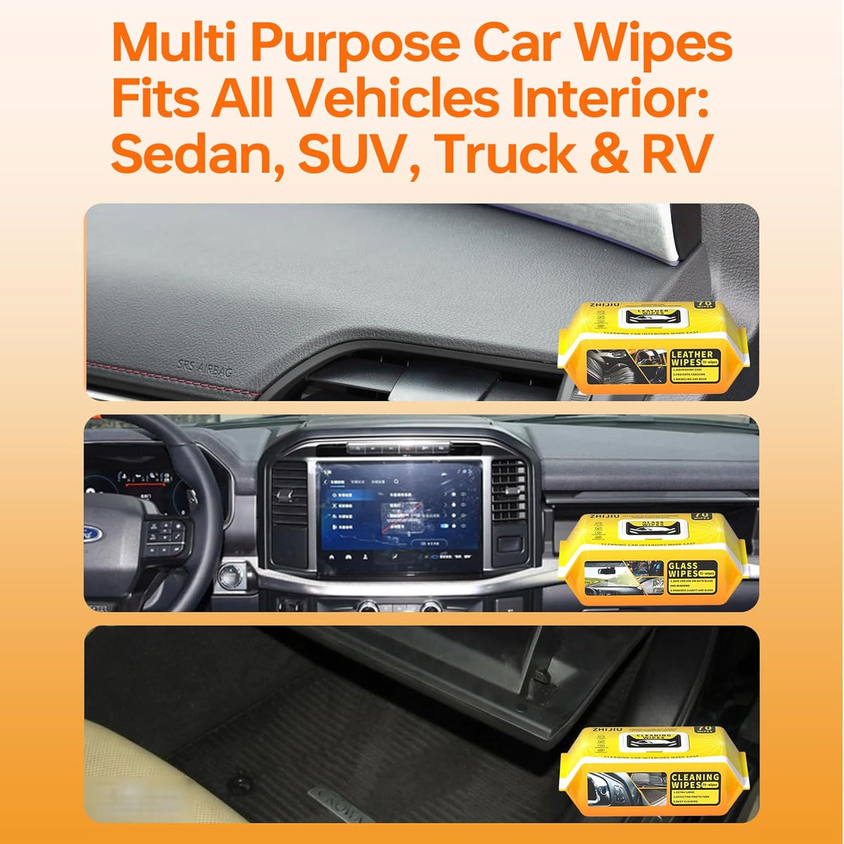 Car Wipes Extra Large 8" x 8" Wipes for Car Interior, Glass, Leather & Multi-Surface Cleaning for Cars, Trucks, SUVs, Motorcycles 70 Count Each (Pack of 3)